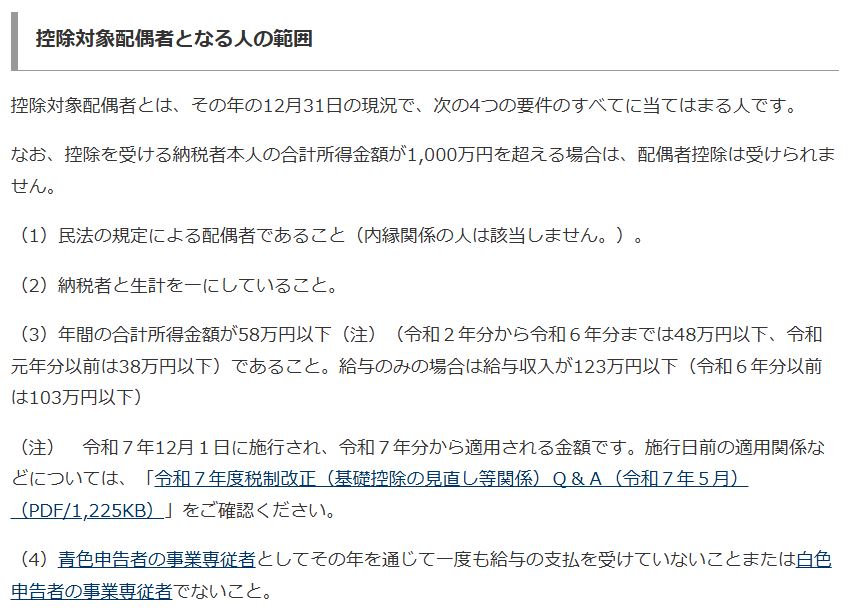 国税庁公式サイトに記載された配偶者控除の所得制限(48万円以下/収入103万円以下)の根拠スクリーンショット