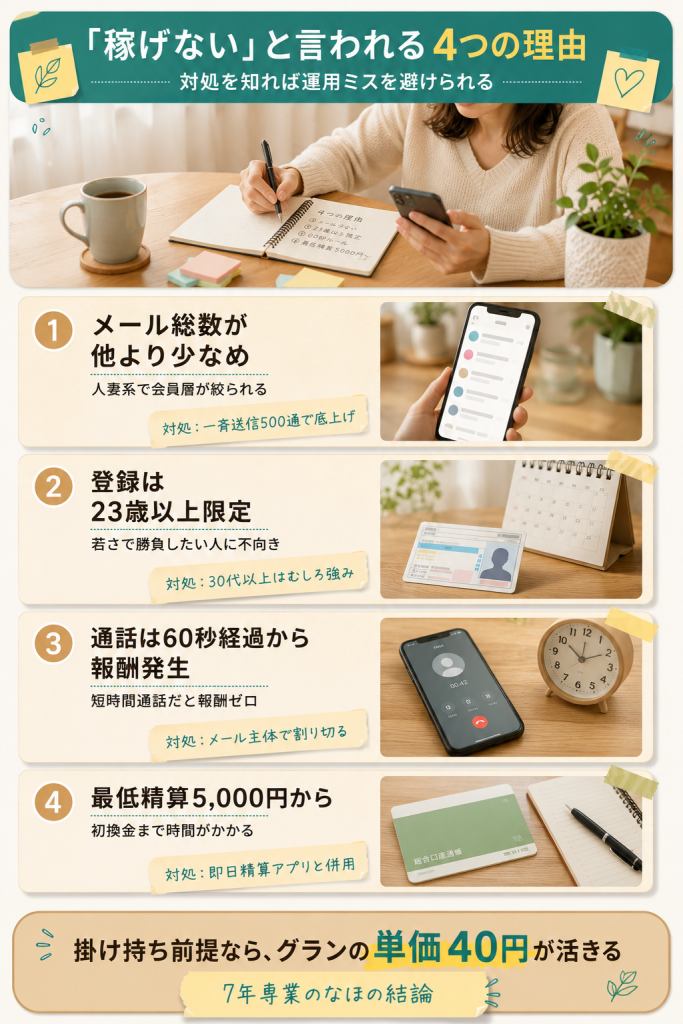 グランが稼げないと言われる4つの理由を整理した図解。メール総数・年齢制限・通話60秒ルール・最低精算5,000円と対処法をカードで解説