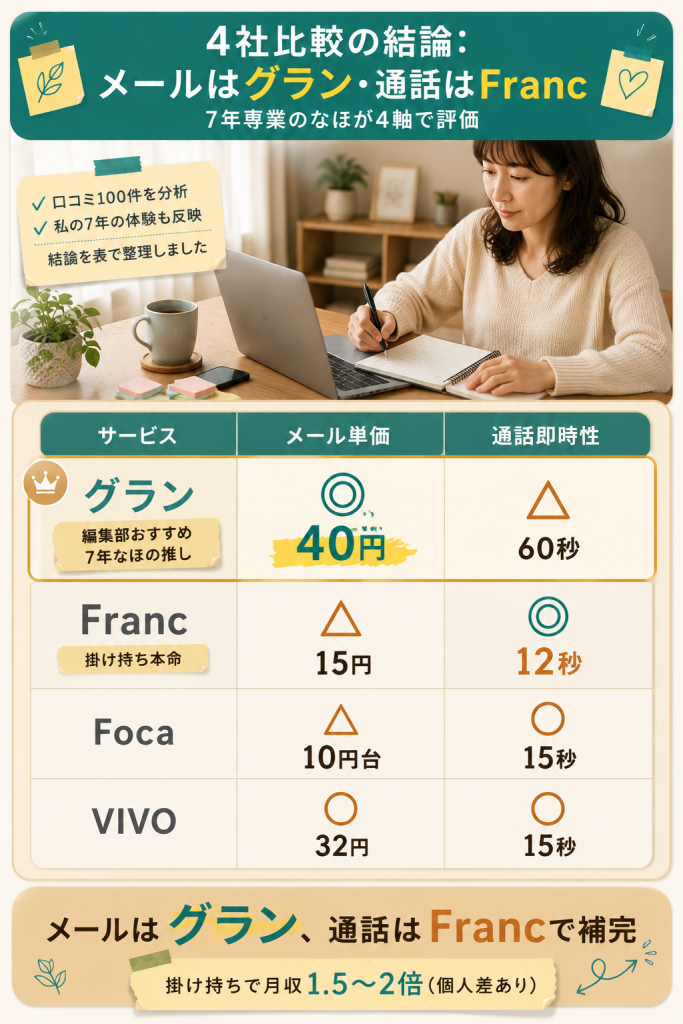 グラン・Franc・Foca・VIVOの4社をメール単価と通話即時性の2軸で比較した表。グランはメール40円で1位、Francは通話12秒の即時性で掛け持ち本命