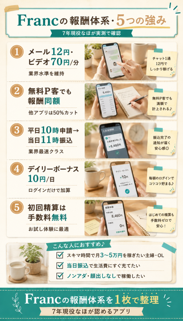 Francメールレディの報酬体系の5つの強みを整理。メール12円・ビデオ70円・無料P客報酬同額・当日振込・初回手数料無料