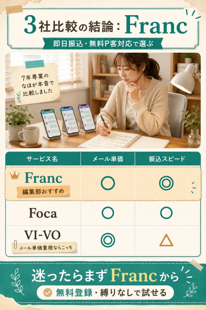 Franc・Foca・VI-VOの3社をメール単価と振込スピードで比較。即日振込ならFrancが編集部おすすめ