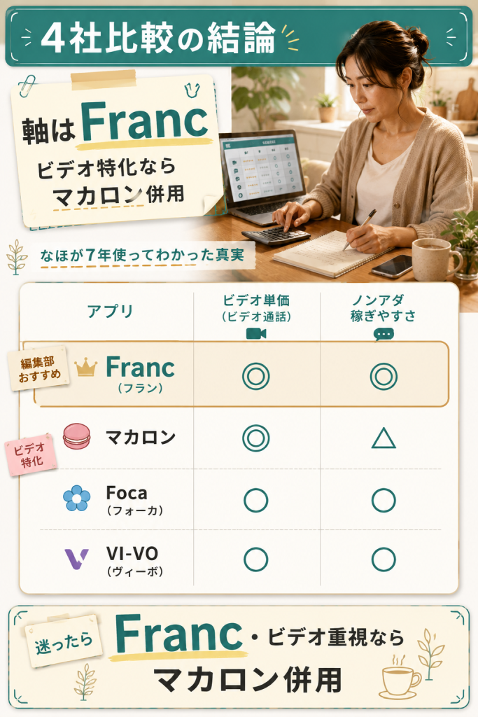 マカロン・Franc・Foca・VI-VOの4社単価を比較してビデオ特化型と総合推奨を可視化した図解