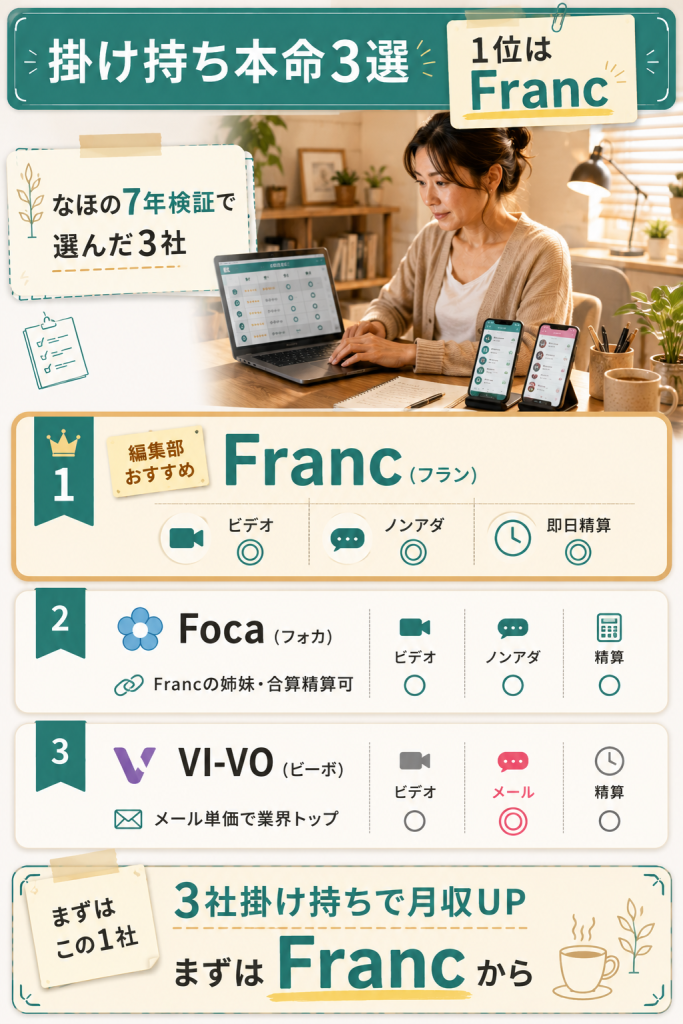 掛け持ち本命3社ランキング・Franc1位の編集部推奨を可視化した図解