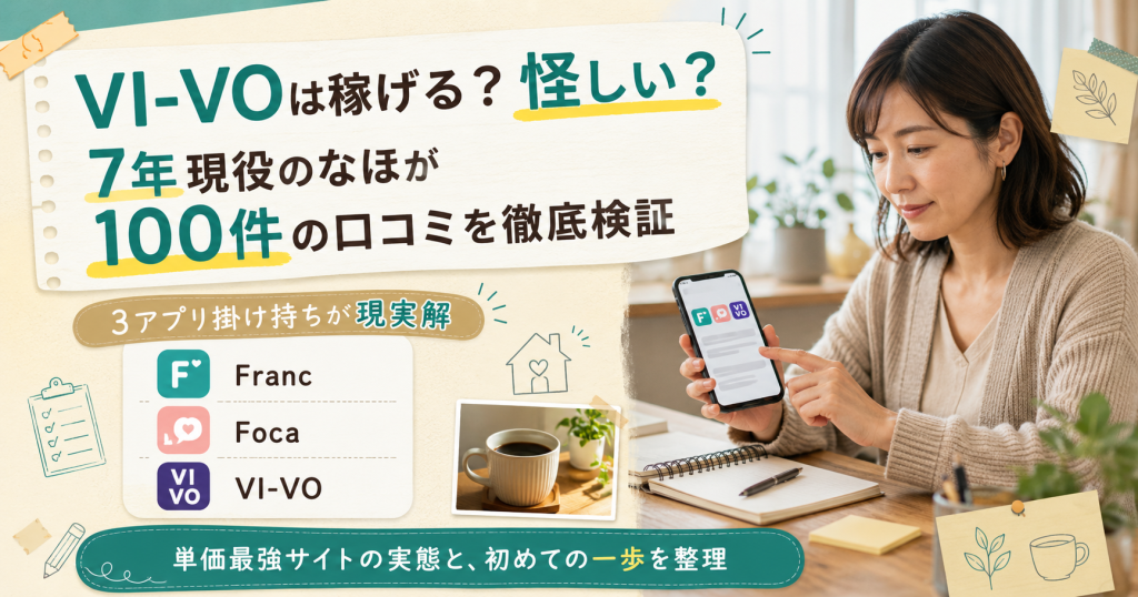 VI-VOは稼げる？怪しい？口コミ100件をなほが7年現役視点で徹底検証。3アプリ掛け持ちが現実解という結論を1枚で整理