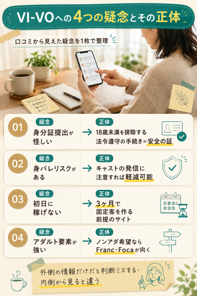 VI-VOへの4つの疑念とその正体を1枚で整理。身分証提出・身バレ・初日稼げない・アダルト要素のそれぞれを冷静に検証した結果