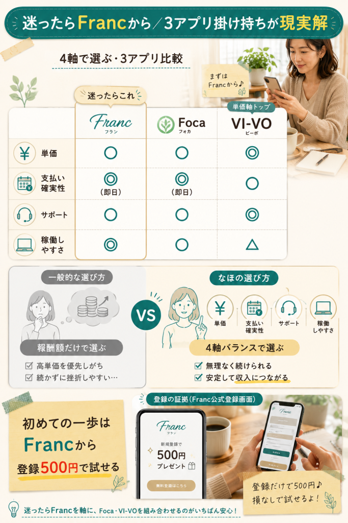 「Franc・Foca・VI-VOを4軸(単価・支払い・サポート・稼働しやすさ)で比較。迷ったらFrancから・3アプリ掛け持ちが現実解