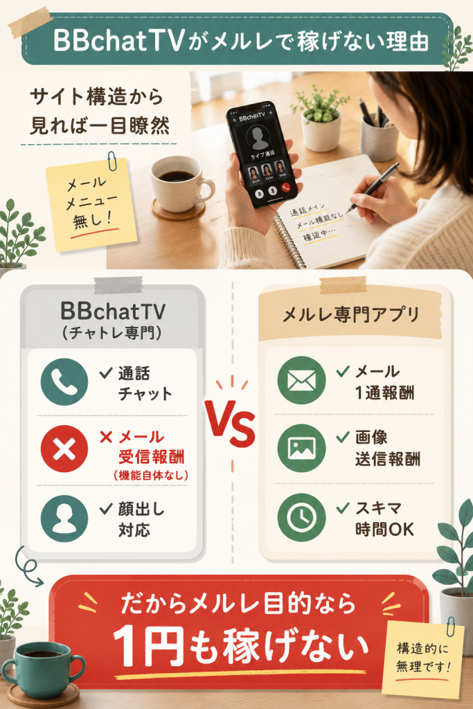 BBchatTVはチャトレ専門でメール受信報酬機能がない構造を、メルレ専門アプリと対比した図解