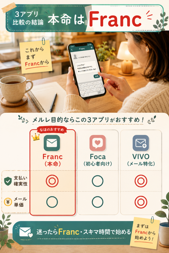 Franc・Foca・VIVOの3アプリを2軸で比較し、本命はFrancと結論付けた図解