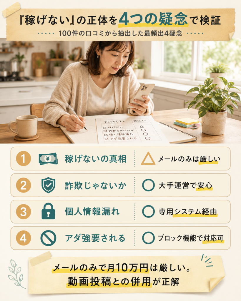 「モコムは稼げない」と言われる4つの疑念(稼げない・詐欺・個人情報・アダ強要)を1枚で検証した図解