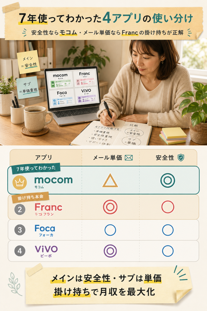 メルレアプリ4社(モコム・Franc・Foca・VIVO)の使い分けをメール単価と安全性の2軸で比較した図解