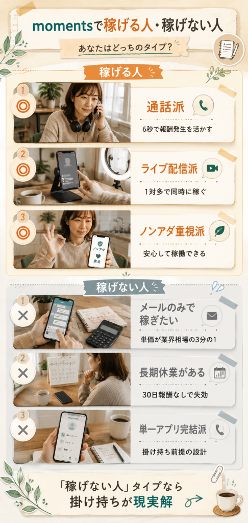 momentsで稼げる人(通話派・配信派・ノンアダ重視派)と稼げない人(メールのみ派・長期休業派・単一アプリ派)の6タイプを整理した図解