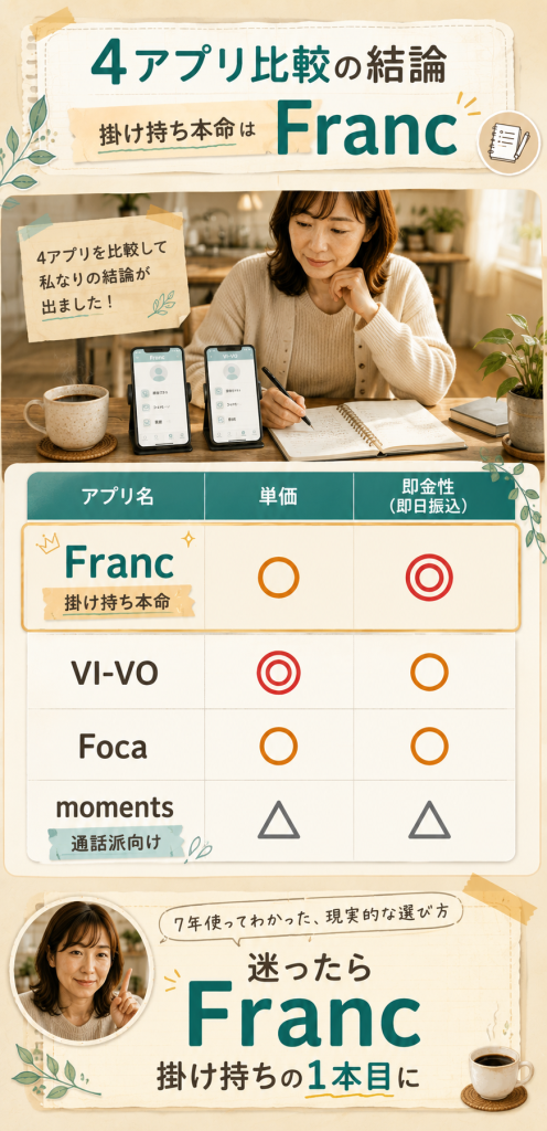 4メルレアプリ(Franc・VI-VO・Foca・moments)の単価と即金性を比較。掛け持ち本命はFrancと判定した結論図解