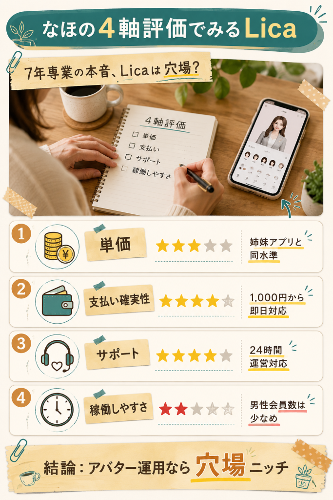 Licaの4軸評価（単価・支払い・サポート・稼働しやすさ）を可視化。アバター運用したい層への穴場ニッチを解説