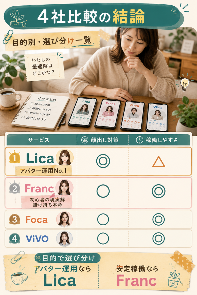 Lica vs Franc vs Foca vs VIVO 4社比較。アバター運用ならLica、安定稼働ならFranc、目的別の選び分け一覧