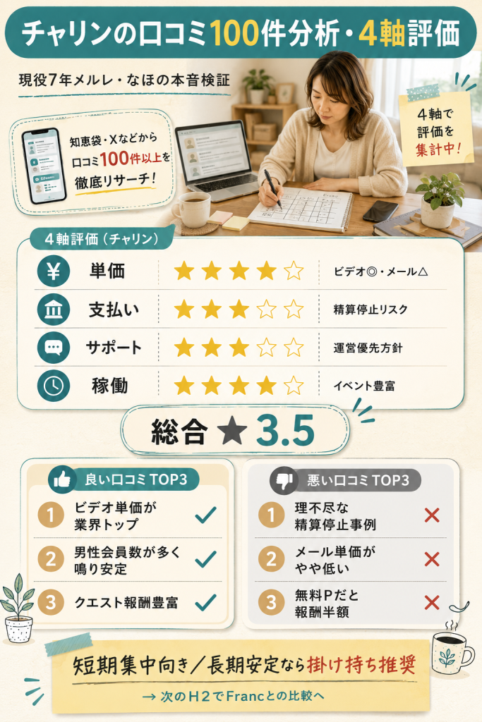 チャリンの口コミ100件分析と4軸評価結果|単価・支払い・サポート・稼働で総合★3.5