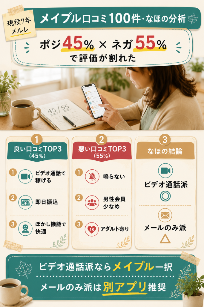 メイプル口コミ100件の分析結果・ポジティブ45%とネガティブ55%の内訳と稼げる人/稼げない人の分岐