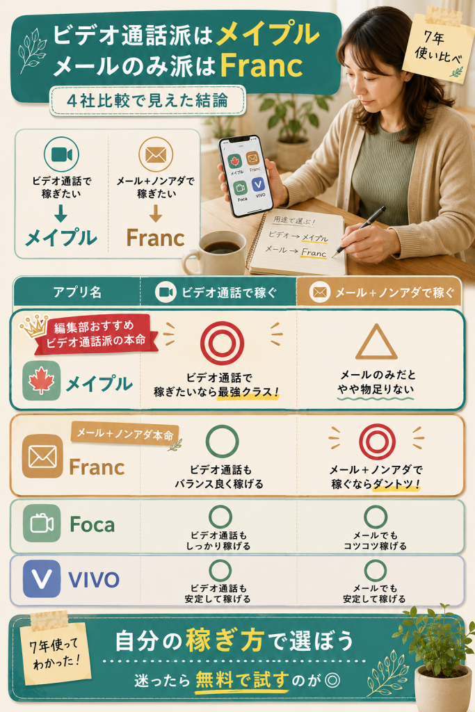 ビデオ通話派はメイプル、メールとノンアダ派はFranc、4社の用途別比較表でなほの結論を整理