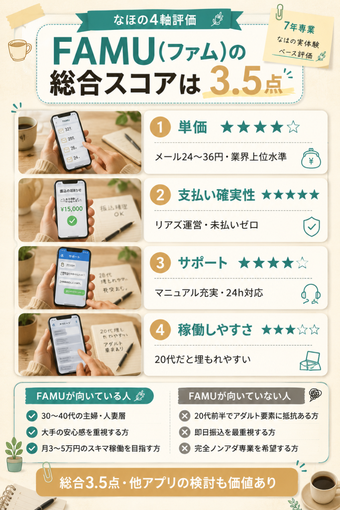 「FAMU(ファム)の4軸評価（単価・支払い確実性・サポート・稼働しやすさ）と総合スコア3.5点の根拠を示した図解」