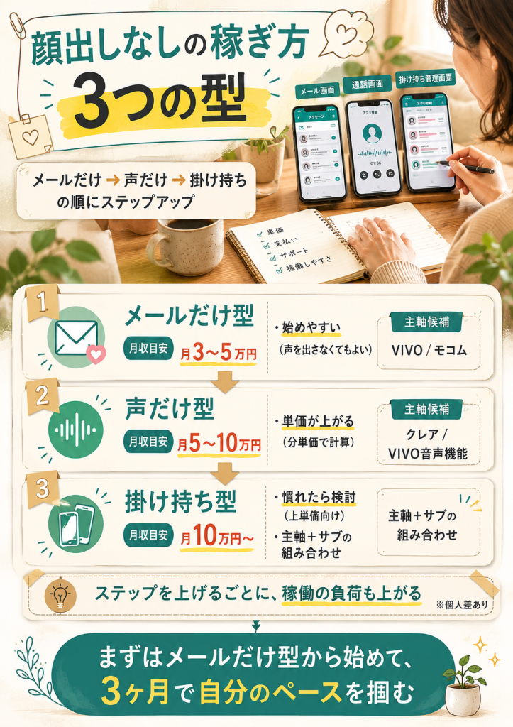 メールだけ・声だけ・掛け持ちの3つの稼ぎ方の型をステップで整理した図解