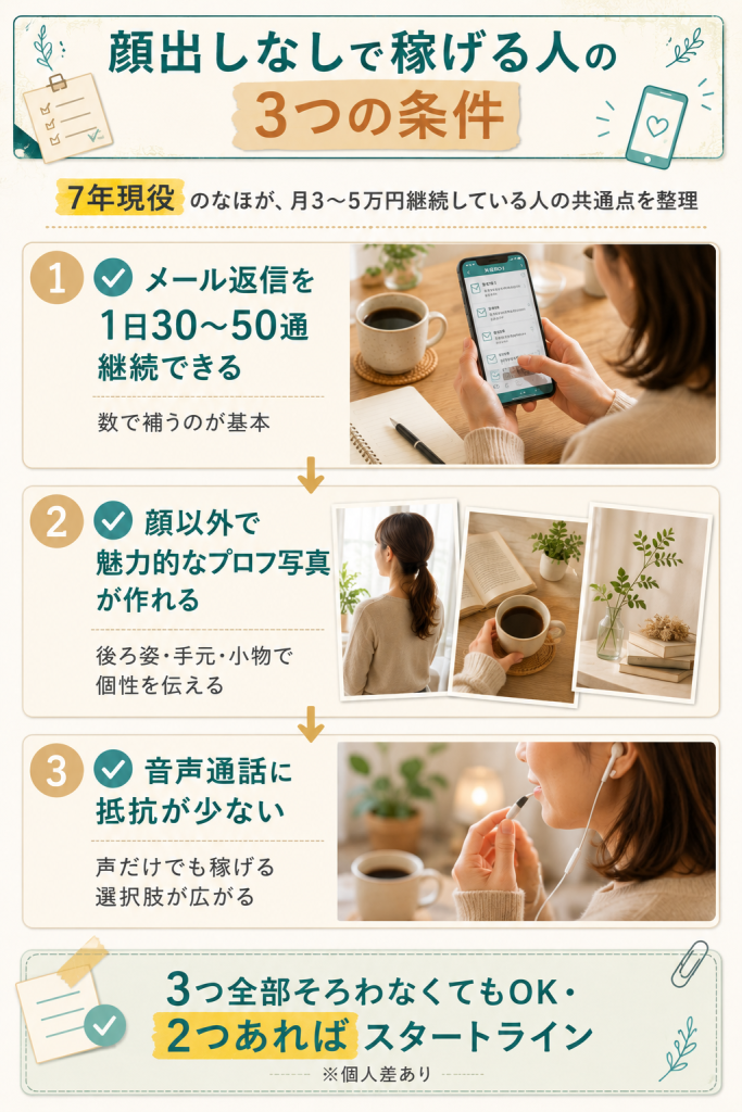 顔出しなしで稼げる人の3つの条件をチェックリストで整理した図解