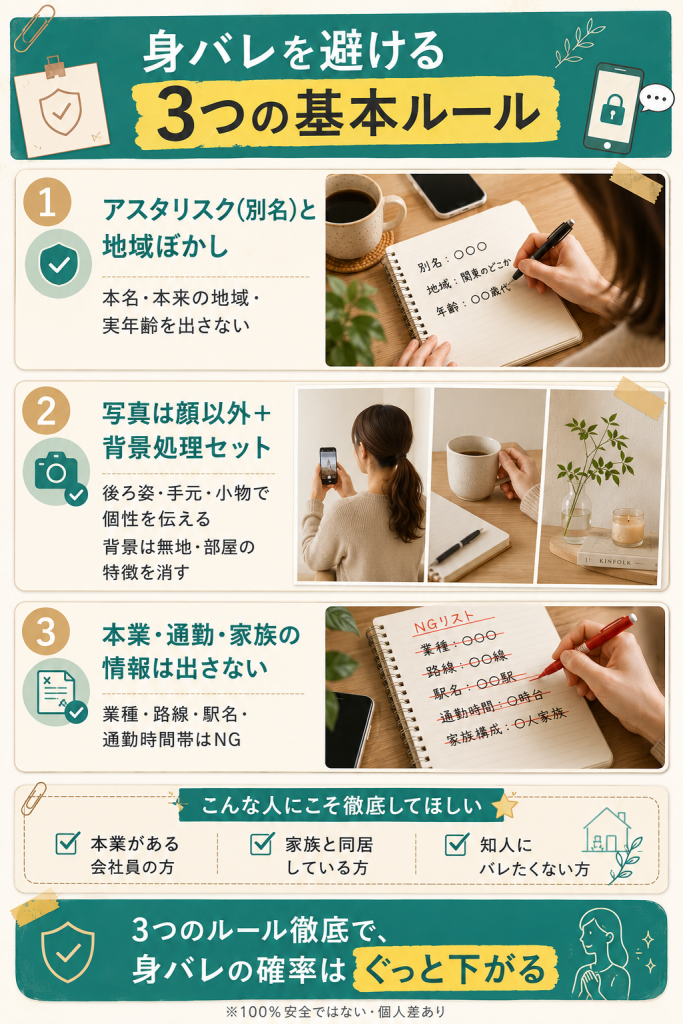 顔出しなしメルレが身バレを避ける3つの基本ルールを実写カードで整理した図解