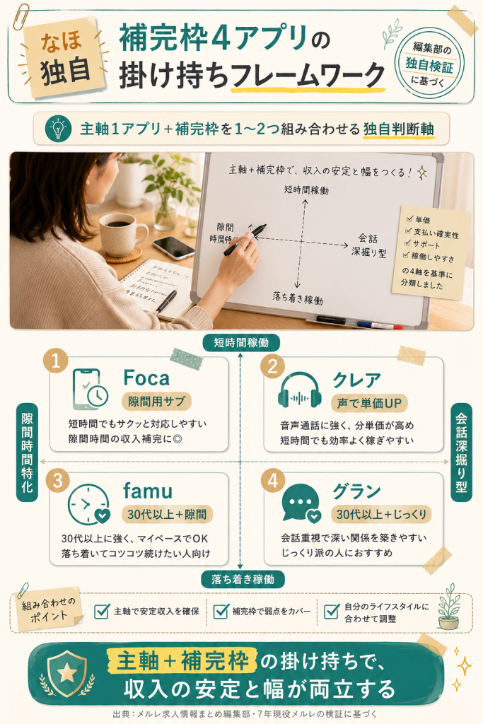 補完枠4アプリの掛け持ちフレームワーク・主軸とサブの組み合わせを2軸マトリクスで整理した独自図解
