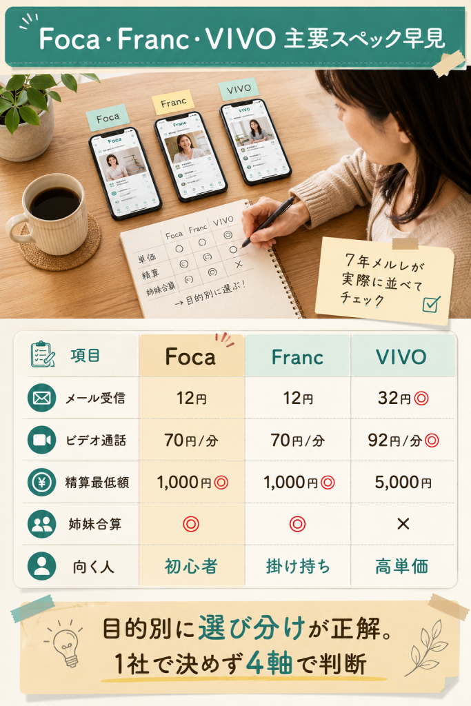 Foca・Franc・VIVOの主要スペック比較早見表