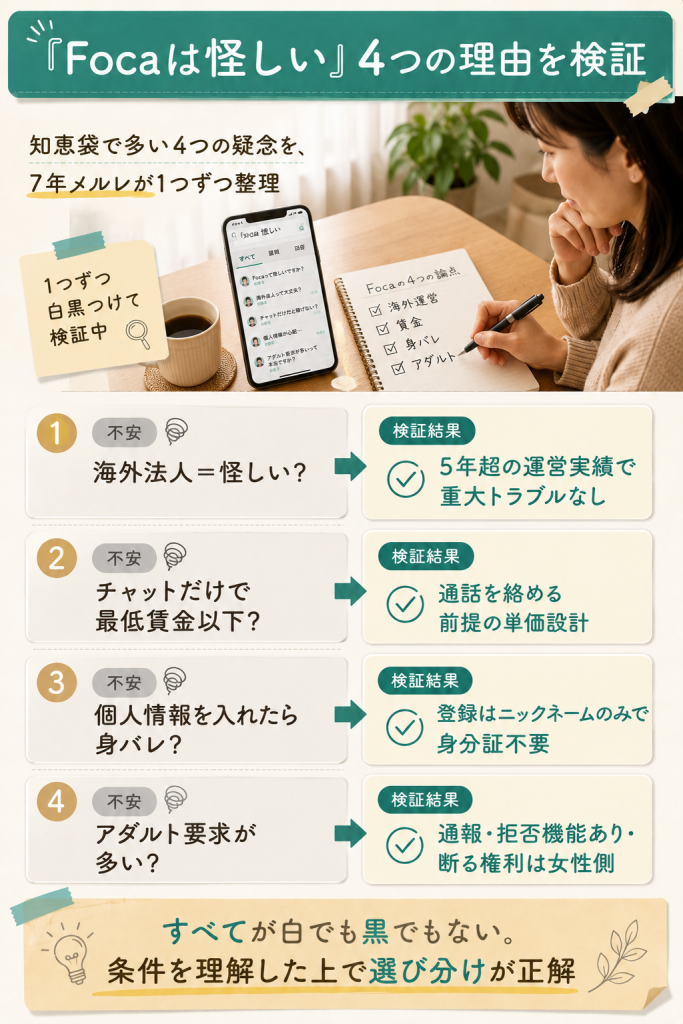 「Focaは怪しい」と言われる4つの理由を不安→検証結果で整理した図解