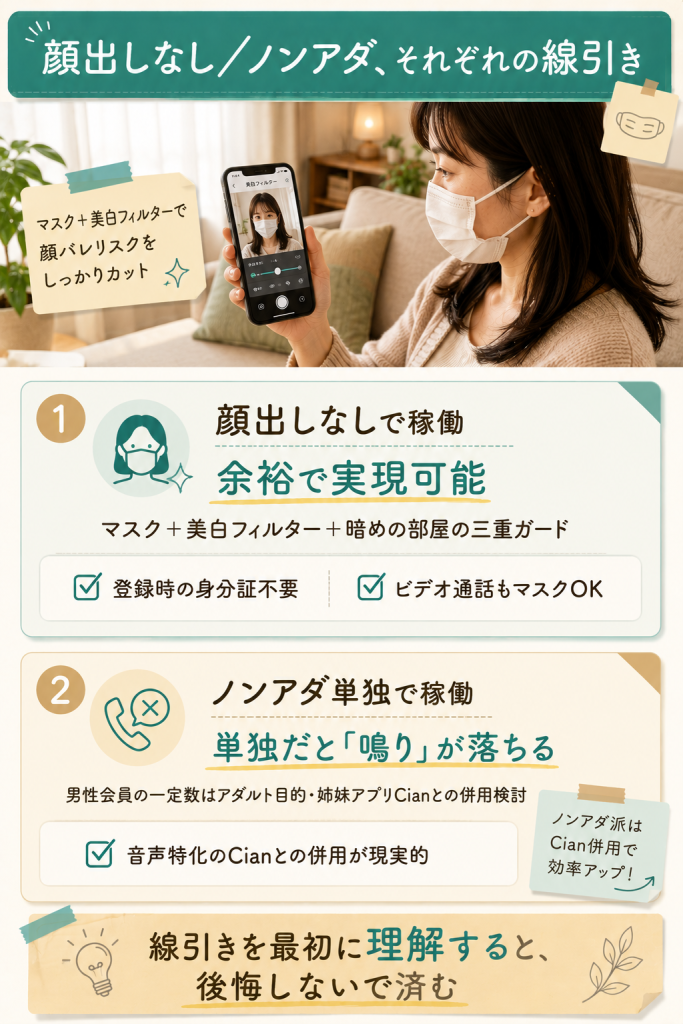 Focaの顔出しなし・ノンアダの線引きを示す図解