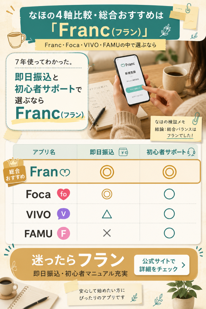 「Franc・Foca・VIVO・FAMUの4アプリを即日振込と初心者サポートの2軸で比較した結果、総合おすすめはFranc(フラン)」