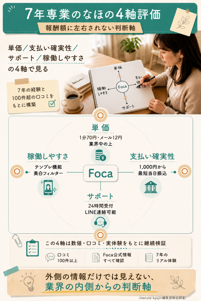 単価／支払い／サポート／稼働の4軸でFocaを評価する独自フレームワーク図解