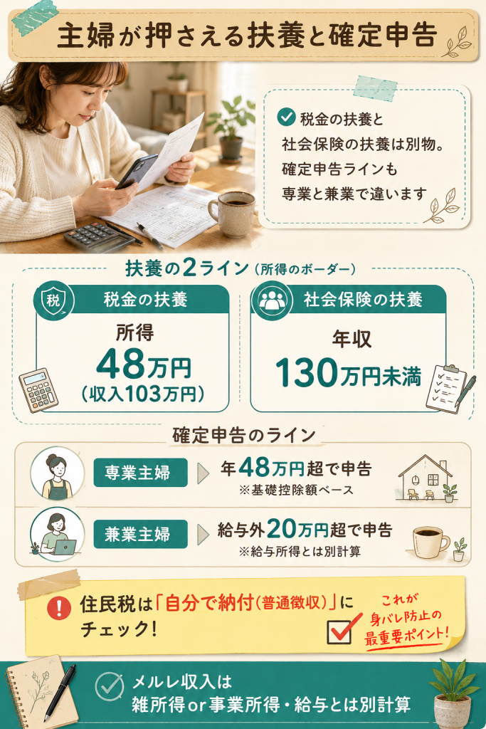 主婦が押さえる扶養の2ライン(税金48万円・社会保険130万円)と確定申告ラインの整理図