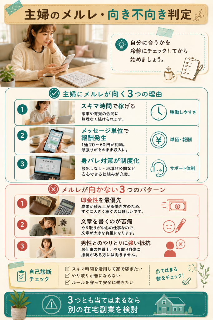 主婦のメールレディ副業が向く3理由と向かない3パターンの対比図