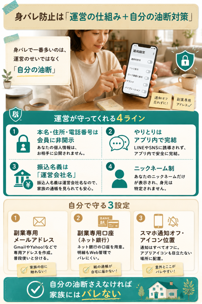メールレディの身バレ防止の運営側4ラインと自分で守る3設定の対比図