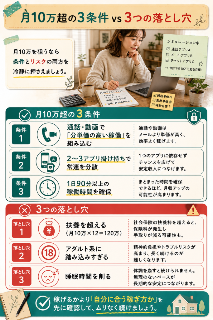 月10万円超を狙う主婦の3条件と3つの落とし穴の対比図