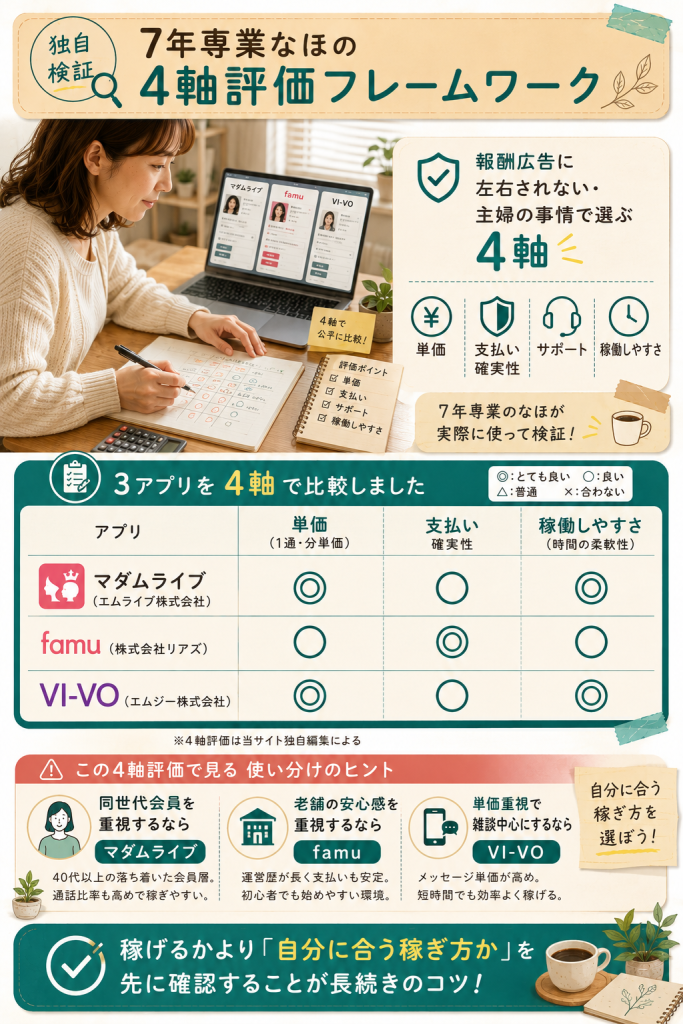 なほ7年専業の4軸評価×3アプリ(マダムライブ・famu・VI-VO)の比較マトリクス