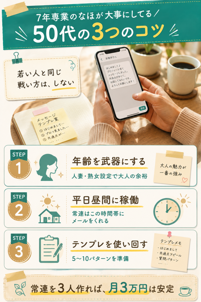 50代主婦がメルレで稼ぐための3つのコツをステップ形式で示す図解