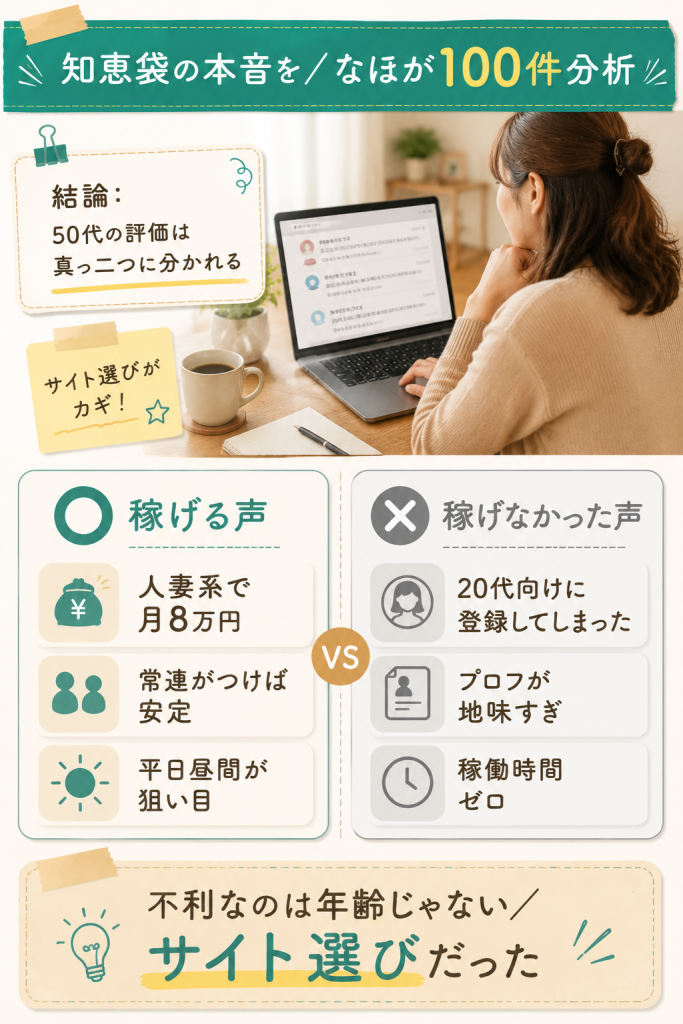 50代の口コミを両論併記で見せ稼げる本質はサイト選びだと示す図解