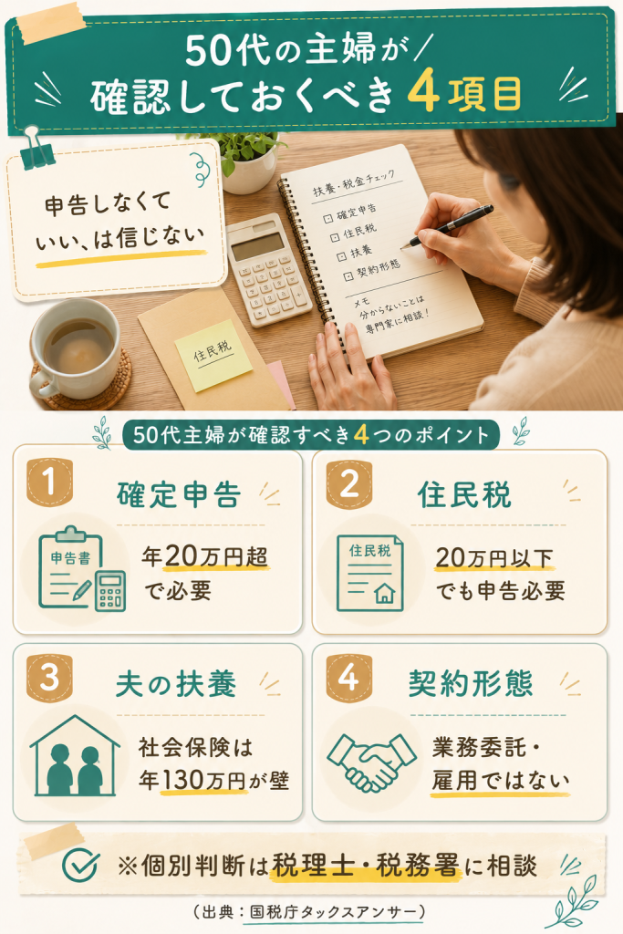 確定申告・住民税・夫の扶養・契約形態の4項目を整理する図解