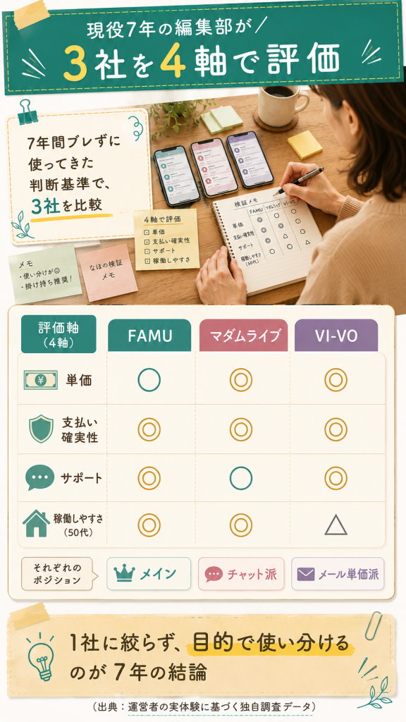 編集部による3社×4軸の独自評価マトリクスを示す図解