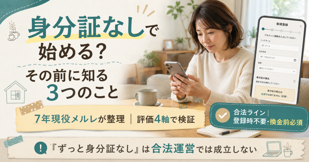 メールレディの身分証なし論点の核心(登録時不要・換金前必須・身分証なし事務所は危険)を整理した図解