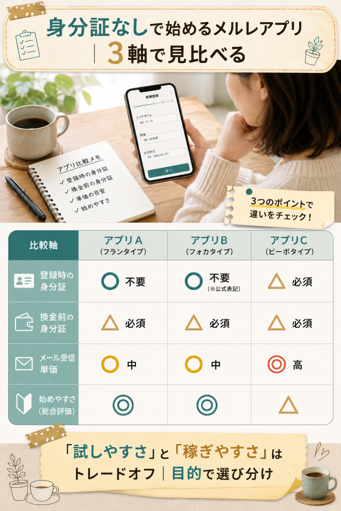 身分証なしで始められるメルレアプリ3つを登録時・換金前の身分証要否と単価で比較した表