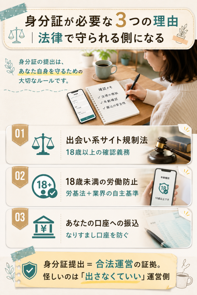 メールレディに身分証が必要な3つの法的理由(出会い系規制法・年齢確認・本人確認)を整理した図解