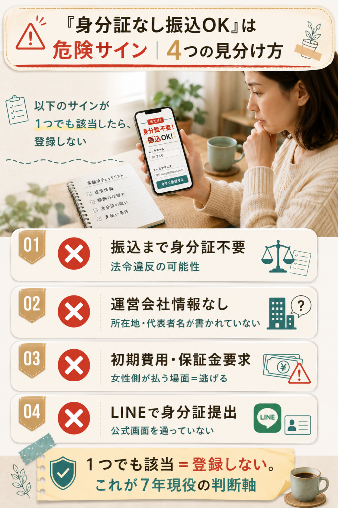 振込まで身分証なしをうたう事務所の4つの危険サインを示した警告図解