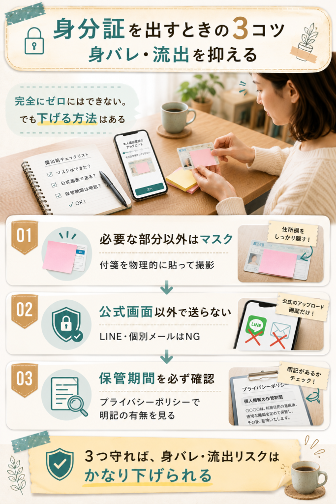 身分証提出時の身バレ・流出リスクを抑える3つのコツ(マスキング・公式経路・保管確認)の図解