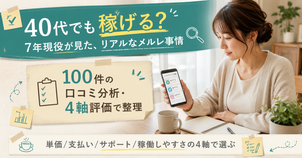 40代女性が自宅リビングでメルレアプリを4軸比較しているシーン、merure-kyujin独自分析