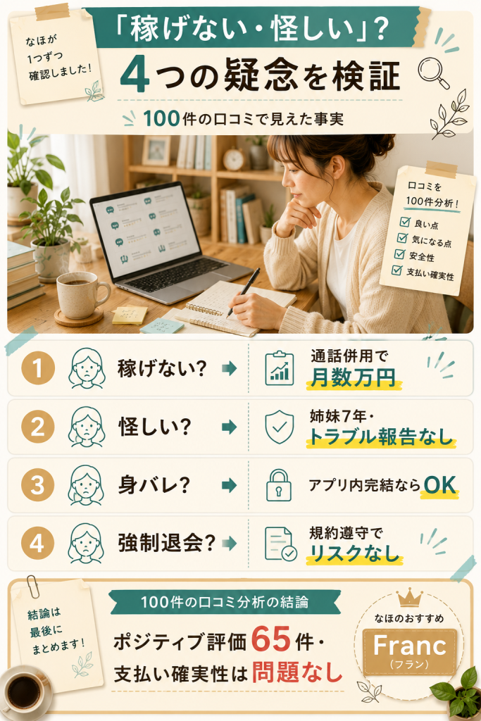 Ameriに対する4つの疑念を100件の口コミから検証した結果一覧図解