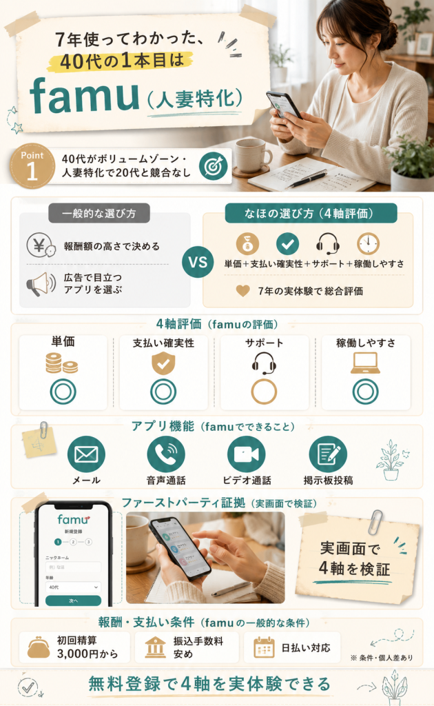 famuを40代の1本目とした4軸評価結果、人妻特化で20代と競合なし