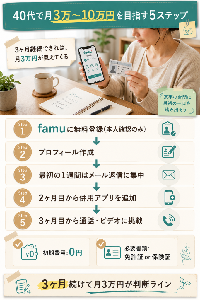 40代が月3万〜10万円に到達するための5ステップ稼働フロー、3ヶ月継続が判断ライン