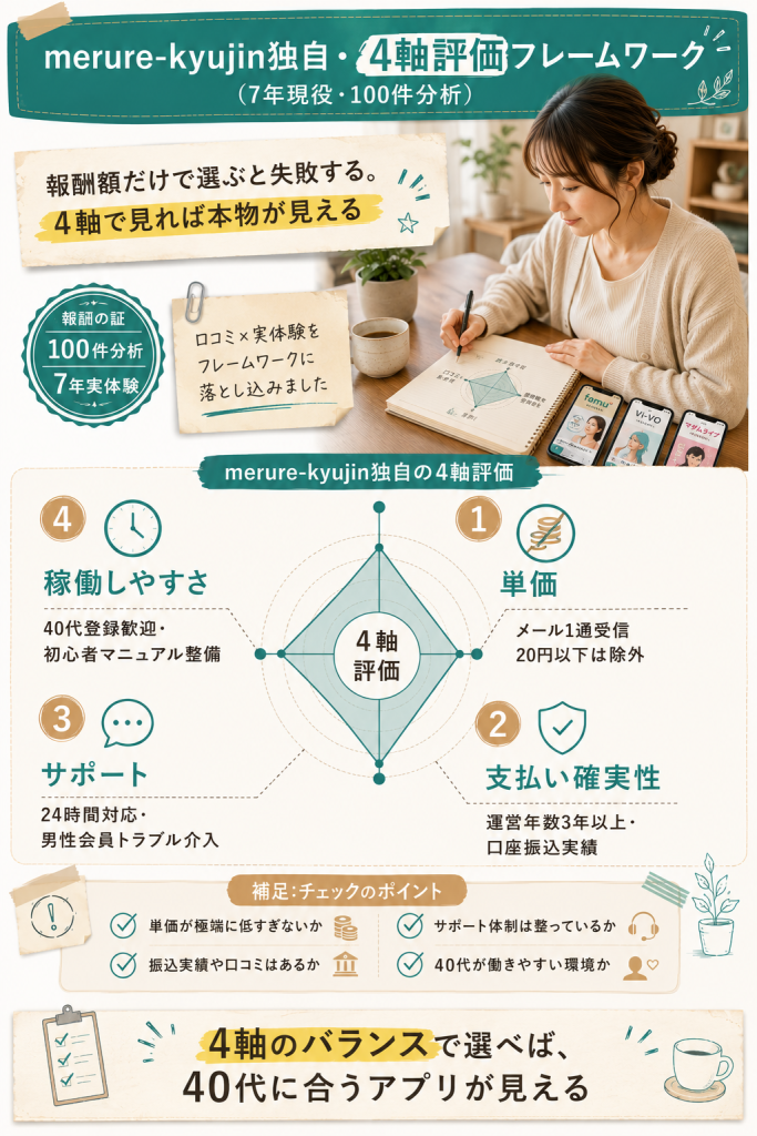 merure-kyujin独自の4軸評価フレームワーク、単価・支払い確実性・サポート・稼働しやすさ